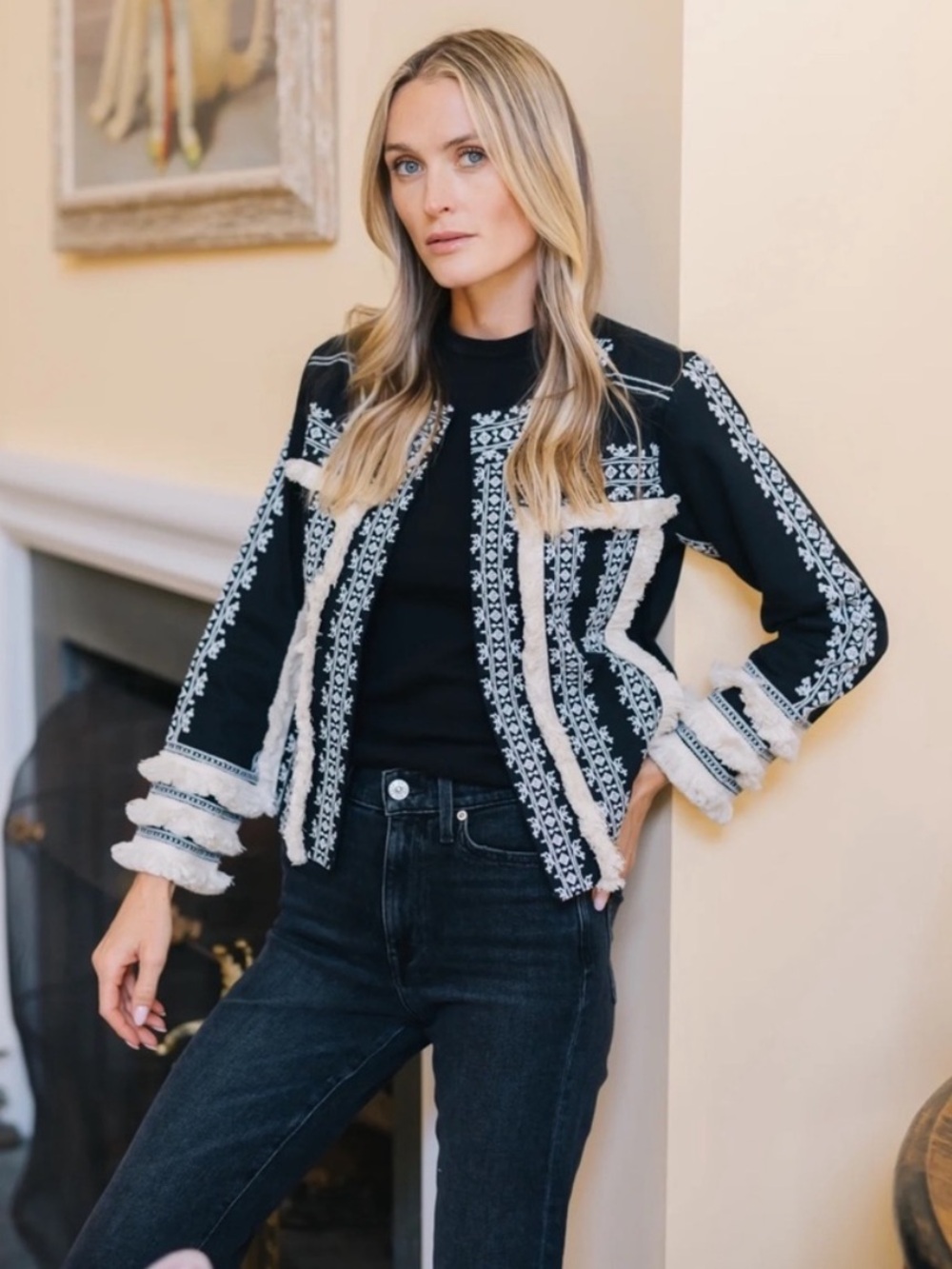 Julia Amory Jacket Fringe Cotton Canvas in Black Cream Embroidered